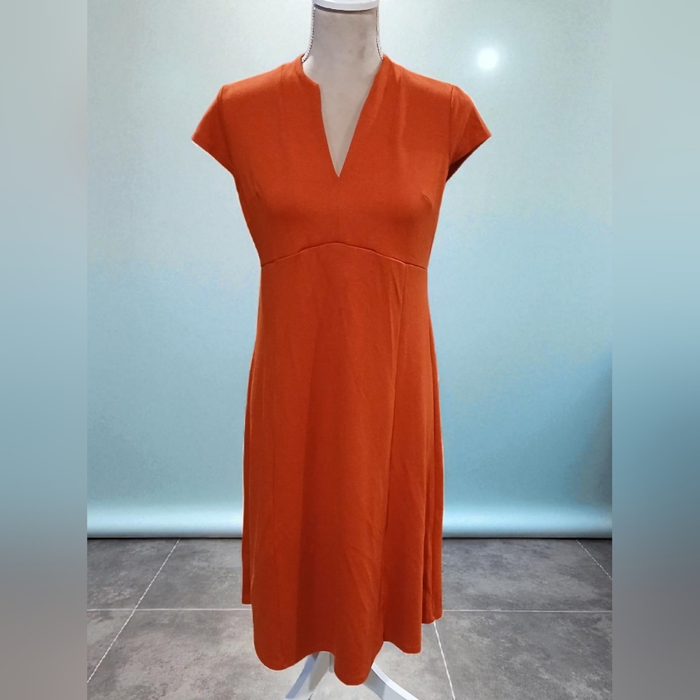 J Jill Orange Knit Fit & Flare Midi Vneck Dress Midi Modest Preppy Fall XS Woman